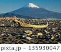 三保海岸の砂浜に漂着した流木と富士山 135930047