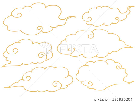 和風のもくもくした雲の素材セット(白バック) 135930204
