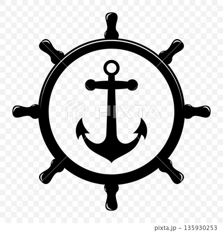 Vector Vintage Anchor and Ship Wheel Silhouette. Nautical Marine Helm Icon, Retro Captain Tattoo Design, Sailing Club Logo, Maritime Adventure Emblem, Sea Navigation Symbol, Classic Ship Wheel Vector Vintage Anchor and Ship Wheel Silhouette. Nautical Marine Helm Icon, Retro Captain Tattoo Design, Sailing Club Logo, Maritime Adventure Emblem, Sea Navigation Symbol, Classic Ship Wheel 135930253