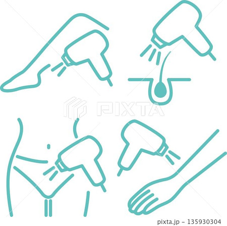 美容脱毛のアイコンセット。脚、腕、脇、VIOなど各部位へのレーザー脱毛施術のイラスト 135930304