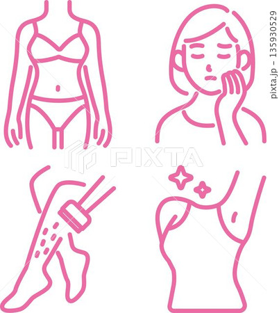 美容脱毛と肌の悩みのアイコンセット。ムダ毛ケア、カミソリ負け、美肌のラインアイコン 美容脱毛と肌の悩みのアイコンセット。ムダ毛ケア、カミソリ負け、美肌のラインアイコン 135930529