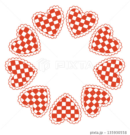 Whimsical vector illustration of a circular frame made of decorative folk style hearts. Cute hand drawn doodle design in red and white, perfect for Valentines Day cards, invitations, posters. 135930558