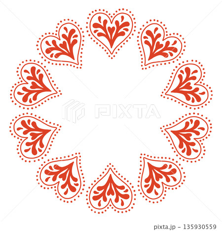 Whimsical vector illustration of a circular frame made of decorative folk style hearts. Cute hand drawn doodle design in red and white, perfect for Valentines Day cards, invitations, posters. 135930559