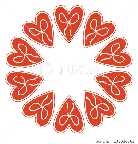 Whimsical vector illustration of a circular frame made of decorative folk style hearts. Cute hand drawn doodle design in red and white, perfect for Valentines Day cards, invitations, posters. 135930563
