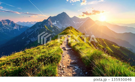 《AI画像》登山イメージ 尾根の登山道 135930846