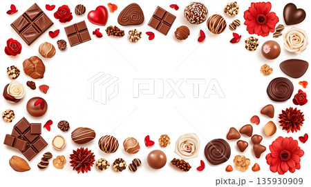 ハートフルなチョコレート装飾と花のイラストフレーム素材｜バレンタインや告白シーンにぴったり 135930909