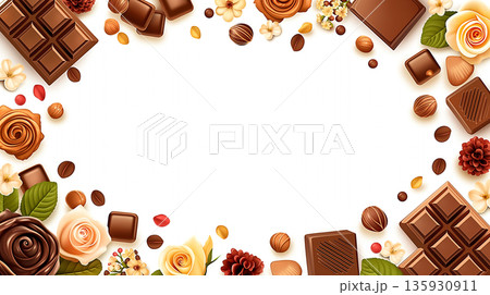 ハートフルなチョコレート装飾と花のイラストフレーム素材｜バレンタインや告白シーンにぴったり 135930911