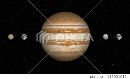 大赤斑が渦巻く木星とガリレオ衛星の整列を中心配置で描く 135931013