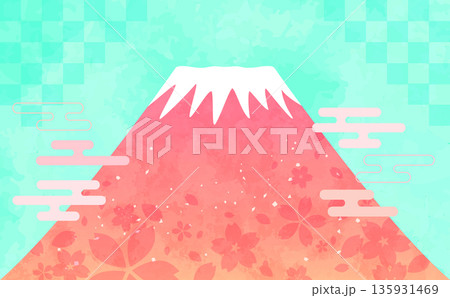 桜柄のピンク色の富士山イラスト_横 135931469