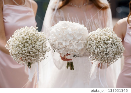 Elegant Wedding Bouquet Arrangement Featuring White Hydrangea and Baby's Breath with Bridesmaids in Soft Pink Dresses Elegant Wedding Bouquet Arrangement Featuring White Hydrangea and Baby's Breath with Bridesmaids in Soft Pink Dresses 135931546