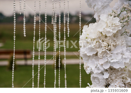 Elegant White Floral Arch with Crystal Bead Drapes for Wedding Ceremony Outdoor Backdrop Decor 135931609
