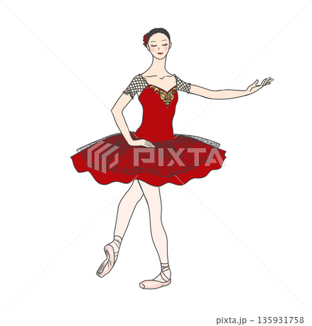 赤いクラシックチュチュで踊るバレリーナのイラスト素材 [135931758
