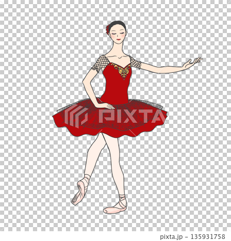 赤いクラシックチュチュで踊るバレリーナのイラスト素材 [135931758
