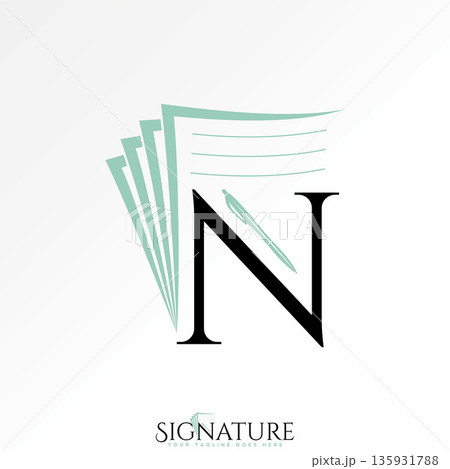 Initial N font with sheet of paper and ballpoint pen signature education book logo design graphic concept creative premium vector stock image top sell Initial N font with sheet of paper and ballpoint pen signature education book logo design graphic concept creative premium vector stock image top sell 135931788