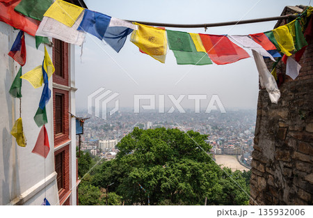 View of Kathmandu city seen from Swayambhunath temple, Nepal. The city located in the bowl-shaped Kathmandu Valley of central Nepal. 135932006