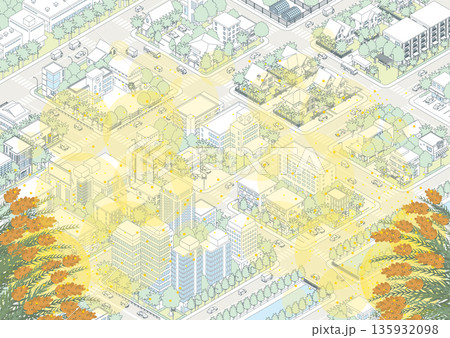 花粉が飛散する街並み. アイソメ図で描いた都市. 135932098