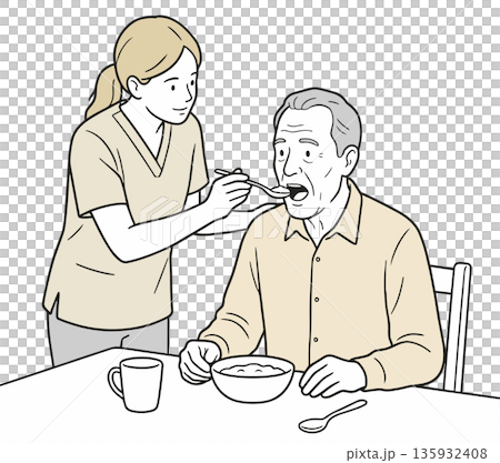 一幅向量插圖，描繪了一位護理人員正在幫助一位老人用湯匙吃飯。 135932408