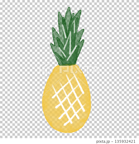 夏の果物・手描きイラスト。白背景に水彩と色鉛筆で描かれた葉付のパイナップル 135932421