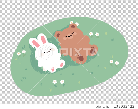 Illustration of a cute rabbit and bear lying down 135932422