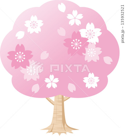 満開の桜の木と舞い散る花びら。お花見や入学式を彩るサクラの和風イラスト素材 満開の桜の木と舞い散る花びら。お花見や入学式を彩るサクラの和風イラスト素材 135932521