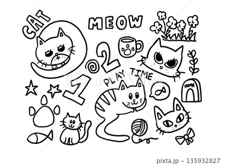 Hand drawn cat outline illustrations with flowers, paw, cat home, mug, cat's toy, MEOW letter for decoration, kitten cartoon, characters, comic, colouring book, art, sketch, stickers, tattoo, pet, vet 135932827