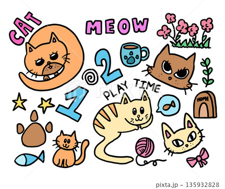 Hand drawn cat illustrations with flowers, paw, cat home, mug, cat's toy, MEOW letter for decoration, kitten cartoon, characters, comic, colouring book, art, sketch, stickers, tattoo, pet, vet, animal Hand drawn cat illustrations with flowers, paw, cat home, mug, cat's toy, MEOW letter for decoration, kitten cartoon, characters, comic, colouring book, art, sketch, stickers, tattoo, pet, vet, animal 135932828
