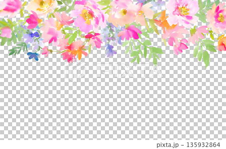 水彩手書きのカラフルな春の草花のバナー用背景イラスト。ボタニカルフレーム。 水彩手書きのカラフルな春の草花のバナー用背景イラスト。ボタニカルフレーム。 135932864