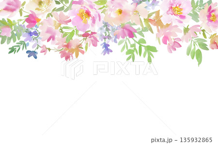 水彩手書きのカラフルな春の草花のバナー用背景イラスト。ボタニカルフレーム。 水彩手書きのカラフルな春の草花のバナー用背景イラスト。ボタニカルフレーム。 135932865
