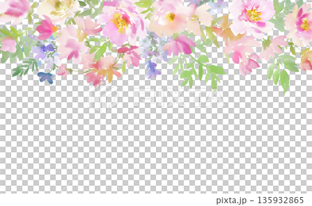 水彩手書きのカラフルな春の草花のバナー用背景イラスト。ボタニカルフレーム。 水彩手書きのカラフルな春の草花のバナー用背景イラスト。ボタニカルフレーム。 135932865