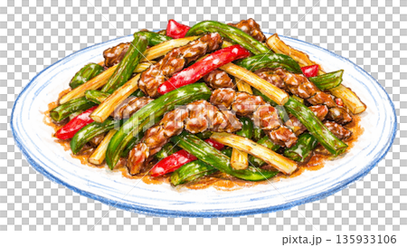 中華料理 チンジャオロースーのイラスト 135933106