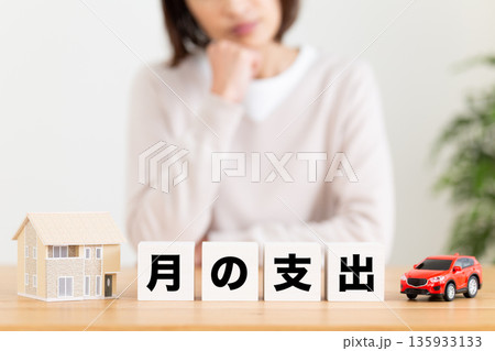 月の支出のブロックと悩むミドル女性 月の支出のブロックと悩むミドル女性 135933133