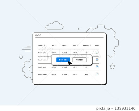 Inventory management dashboard with bulk edit feature for e-commerce products. SKU codes, stock status, price details, quantity levels and selection checkboxes, outline user interface illustration Inventory management dashboard with bulk edit feature for e-commerce products. SKU codes, stock status, price details, quantity levels and selection checkboxes, outline user interface illustration 135933140