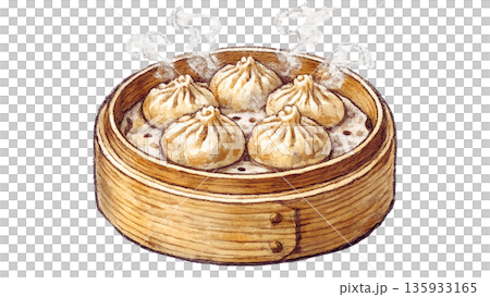蒸籠裡蒸煮的小籠包插圖，源自上海的點心。 135933165