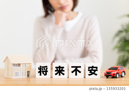 将来不安のブロックと悩むミドル女性 135933201