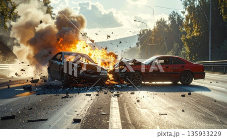 道路で衝突した二台の車と事故現場 散乱したガラスや煙 135933229