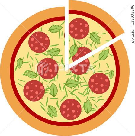 Pizza. Pepperoni pizza with slice. Delicious Italian pizza with fresh basil and rosemary. Isolated on white background. Vector illustration. Pizza. Pepperoni pizza with slice. Delicious Italian pizza with fresh basil and rosemary. Isolated on white background. Vector illustration. 135933306