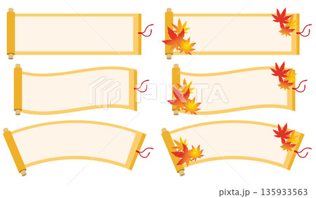 黄色の巻物のイラストセット。紅葉したもみじの葉が装飾された秋のイメージ。 135933563
