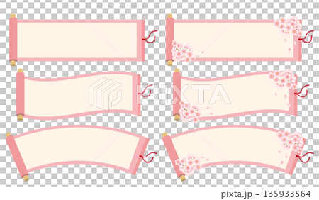 ビンク色の巻物のイラストセット。桜の花びらが装飾された春のイメージ。 135933564