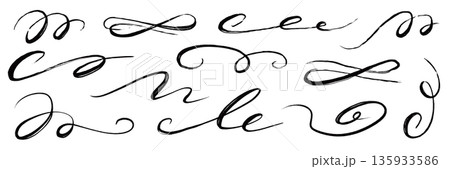 Flourish hand drawn swash line set. Flourish line calligraphy hand drawn pen ink brush thin stroke curve..Elegant vintage doodle swirl scroll underline text decoration design. Vector 135933586