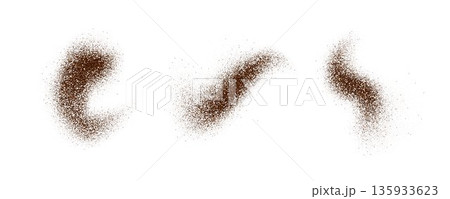 Brown chocolate powder bursts. Ground coffee beans textured piles. Flying spices seasoning particles splashes. Cocoa or cacao flakes scattered on surface. Dry spicy explosion set. Vector illustration Brown chocolate powder bursts. Ground coffee beans textured piles. Flying spices seasoning particles splashes. Cocoa or cacao flakes scattered on surface. Dry spicy explosion set. Vector illustration 135933623