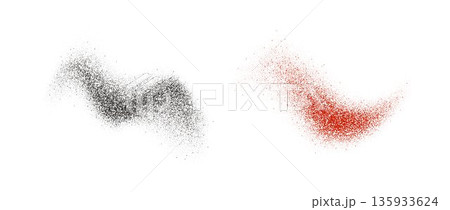 Black and red pepper powder splashes. Flying seasoning particles burst. Grey and pink dust dirt textured piles. Dry spices explosion. Salt and pepper flakes scattered on surface. Vector illustration Black and red pepper powder splashes. Flying seasoning particles burst. Grey and pink dust dirt textured piles. Dry spices explosion. Salt and pepper flakes scattered on surface. Vector illustration 135933624