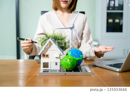 Business working with reduce CO2 concept with icons, global warming such as reforest green factory recycle and zero carbon dioxide emission concept. Business working with reduce CO2 concept with icons, global warming such as reforest green factory recycle and zero carbon dioxide emission concept. 135933688