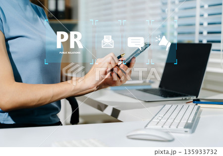 PR, Public relations concept. hands using laptop and tablet with public relations icon for communication advertising marketing strategy. with Ads and sales 135933732