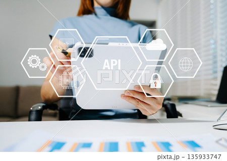 API Application Programming Interface, woman using laptop, tablet and smartphone with virtual screen API icon Software development tool, modern technology API Application Programming Interface, woman using laptop, tablet and smartphone with virtual screen API icon Software development tool, modern technology 135933747