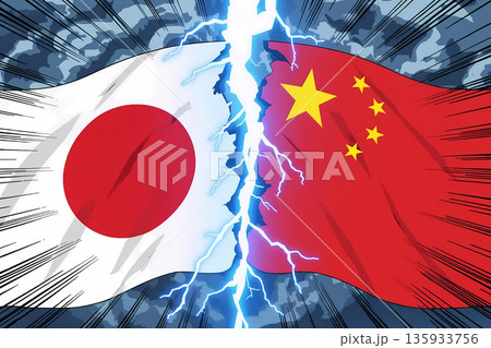 日本と中国の国旗の間を貫く青白い稲妻ai 135933756