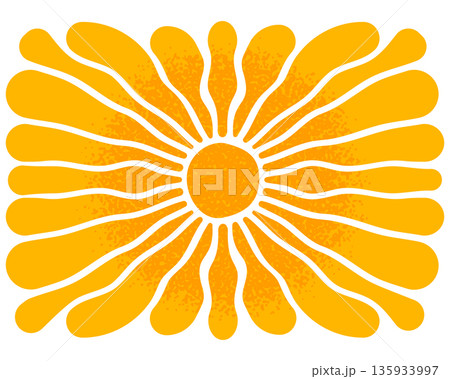 Groovy sun rays with gritty texture. Sunburst, sunrise or sunset wallpaper. Spring or summer theme background. Happy vibes concept. Modern funny print. Trendy hippy design. Vector flat illustration Groovy sun rays with gritty texture. Sunburst, sunrise or sunset wallpaper. Spring or summer theme background. Happy vibes concept. Modern funny print. Trendy hippy design. Vector flat illustration 135933997