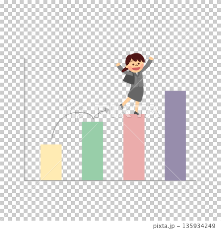 A woman in a suit running up a bar graph A woman in a suit running up a bar graph 135934249