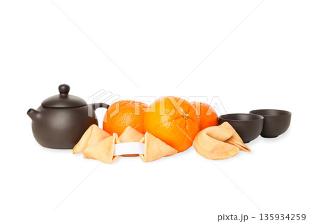 Teapot with oranges and fortune cookies, isolated, PNG Teapot with oranges and fortune cookies, isolated, PNG 135934259