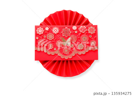 Red envelope with gold floral designs, isolated, PNG 135934275