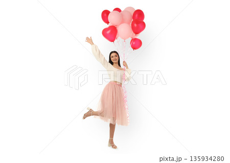 Woman with colorful heart balloons smiles, isolated, PNG Woman with colorful heart balloons smiles, isolated, PNG 135934280
